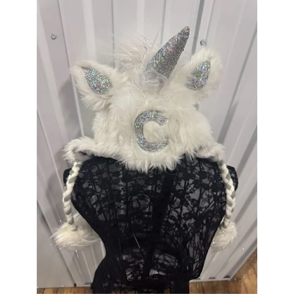 Justice girls white unicorn sparkle novelty hoodie hat initial C